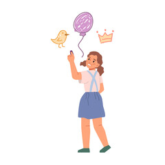 Creative preschool girl drawing balloon and crown, chicken animal. Vector isolated school child with chalk or colorful crayon expressing herself, developing artistic and imagination skills