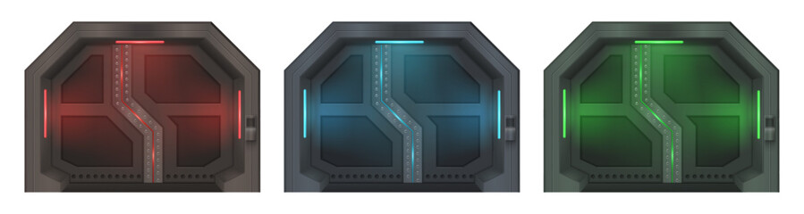 Futuristic metal sliding spaceship door. Vector in realistic style, isolated set of steel gateway for aircraft, space station, secret lab. Game design and interior of scenery. Corridor entrance © Sensvector