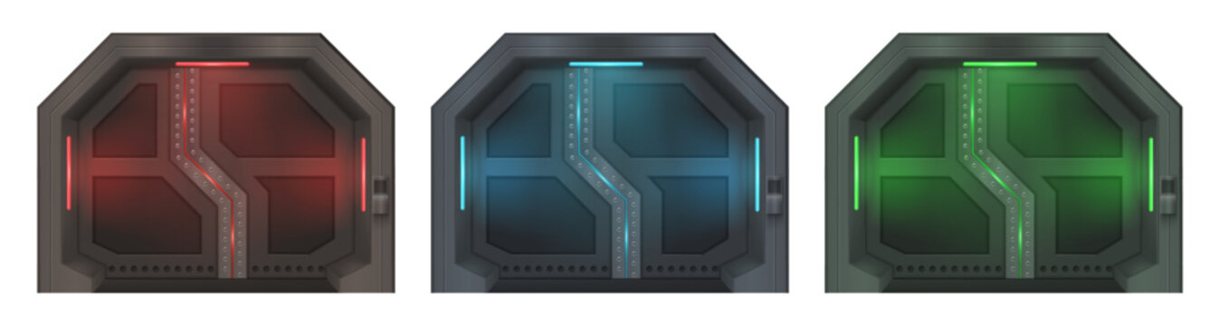 Futuristic metal sliding spaceship door. Vector in realistic style, isolated set of steel gateway for aircraft, space station, secret lab. Game design and interior of scenery. Corridor entrance