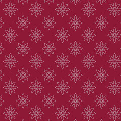 Simple gentle floral vector seamless pattern in rural style. Hand drawn light outline  flowers on a red ocher background. For printing on fabric, textile products, wallpaper. 