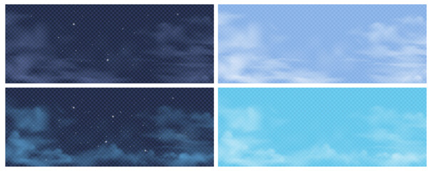 Cloudy weather, set of sky at day and night. Vector in realistic style, nighttime and daytime cloudscape with stars and clear fog. Calming and relaxing outdoors scenery, landscape design © Sensvector