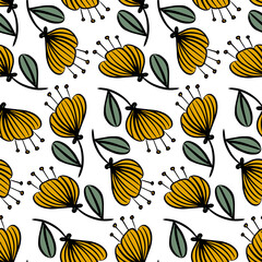 Seamless floral pattern with hand-drawn mustard yellow flowers and green leaves on white background, perfect for fabric, stationery, surface design, wrapping paper, kids decor, and prints