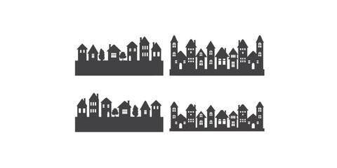 Obraz premium Print Town and village houses on skyline. Silhouette of small buildings in neighborhood on white background.
