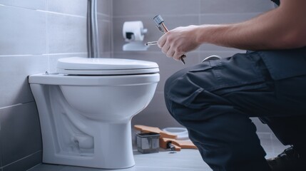 Plumber installing a toilet in a newly built bathroom. Featuring attention to detail and technical skill