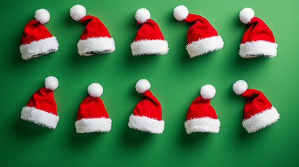 Santa hats arranged in a symmetrical knolling pattern on a vibrant green background, viewed from above.