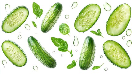 Fresh cucumbers and spinach leaves arranged creatively on a white background, ideal for healthy eating visuals.