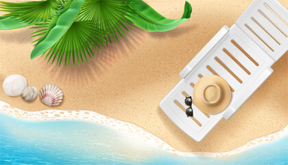 Seaside with tropical leaves and seashells, realistic summer landscape. Vector sunbed with hat and sunglasses, foamy ocean waves and sand, plants and shells, top view. Tourism and vacation