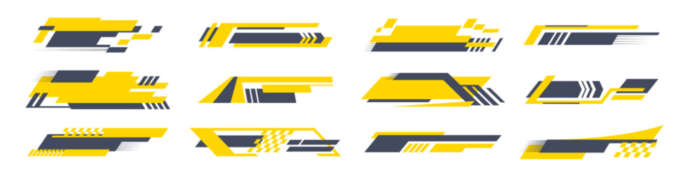 Modification mark or racing stripes for race cars and sports vehicles. Vector in flat style, isolated set of empty templates for motor transport, stickers or decals logotypes for competition
