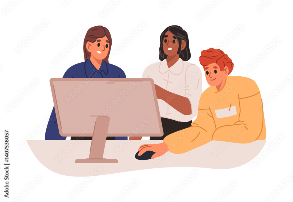 Aufkleber Employees with computers looking at screens and together working with projects. Vector isolated man and women at workplace, office atmosphere of workers. Managers and secretaries by desk