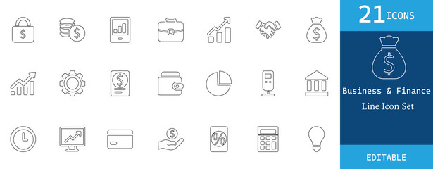 A clean and modern set of 21 business and finance line icons. Perfect for websites, apps, infographics, and presentations. Fully editable and scalable vector icons for professional use
