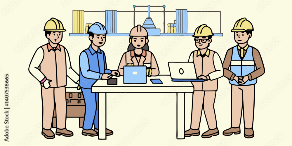Aufkleber team of engineers collaborating on construction project using laptops and technology