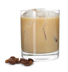 Coffee cream liqueur in glass and beans isolated on white