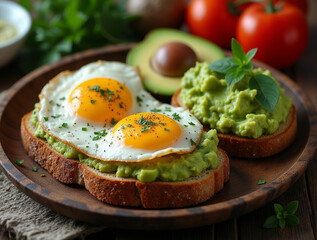 Healthy avocado toasts for breakfast with rye bread, avocado puree toast and fried eggs on wooden table