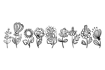 Hand-drawn black and white floral border with whimsical doodle style flowers and leaves, perfect for coloring books, decorative designs, crafts, invitations, children's prints, and digital art