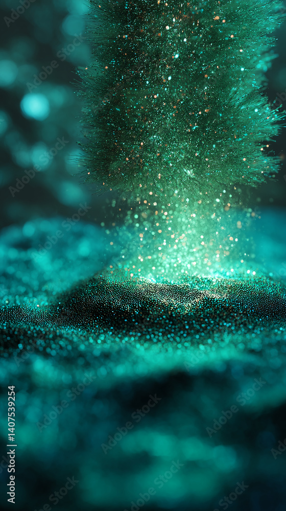Poster teal glitter texture falling onto a shimmering surface, creating a sparkling, magical effect, showca
