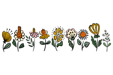 Whimsical hand-drawn colorful flower collection in cartoon doodle style - perfect for spring designs, kids projects, greeting cards, textiles, stickers, and botanical illustrations.