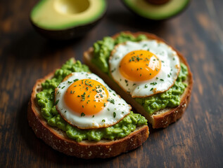 Healthy avocado toasts for breakfast with rye bread, avocado puree toast and fried eggs on wooden table