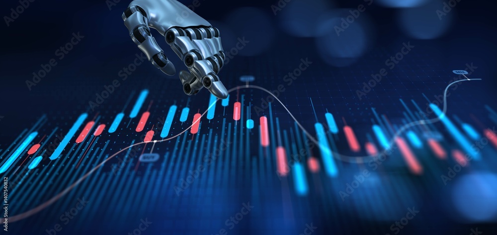 Aufkleber ai-assisted trading analytics showcasing real-time financial data visualization. 3d render.