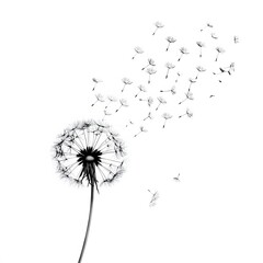Dandelion seeds blowing in the wind on a white background