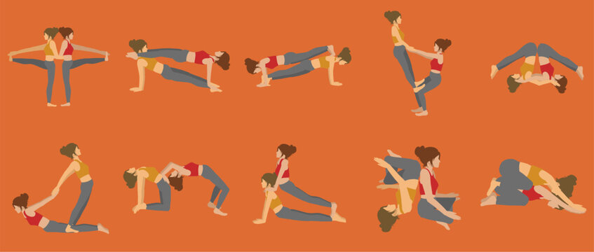Flat vector illustration of two women doing partner yoga poses in acro yoga style on an orange background. Minimal and colorful design for wellness and fitness themes