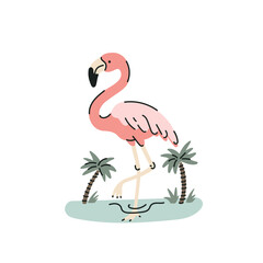 Pink flamingo stands in water against palm trees background, flat style vector illustration