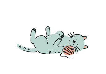 Cute cartoon cat with a ball of thread isolated on white background, flat vector illustration for children's drawings or themes