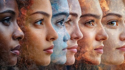 Diverse female faces reflecting elements of nature in artistic portrait