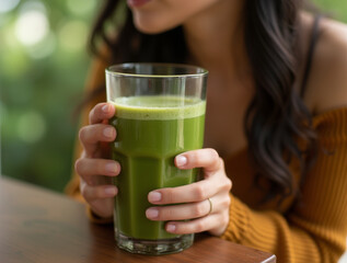 Woman drink healthy green smoothie made with fresh ingredients. Vegan and nutritious breakfast concept