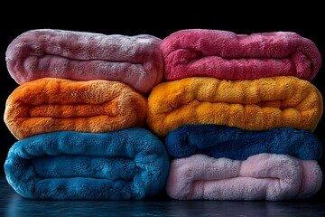 Colorful faux fur blankets stacked