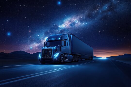 Futuristic truck driving under starry night sky with moonlight on highway