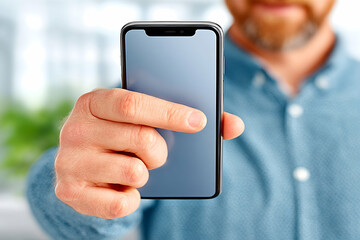Man showcasing smartphone with blank screen