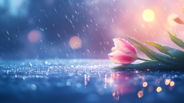 Pink tulips in rain reflecting light on a wet surface, bokeh background. For nature themed content
