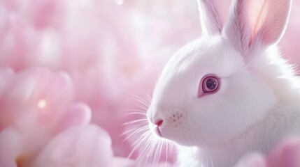 Obraz premium Serene Bunny Amidst the Blossoms: A pristine white bunny, enveloped in a soft pink floral dreamscape, gazes peacefully, symbolizing innocence and spring.