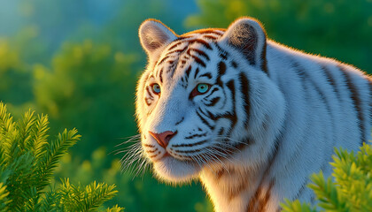 Naklejka premium Majestic white tiger portrait in lush green forest at sunrise