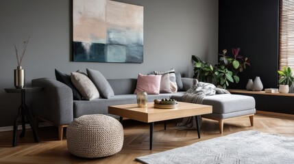 Modern living room with gray sectional sofa, wooden coffee table, and abstract art.