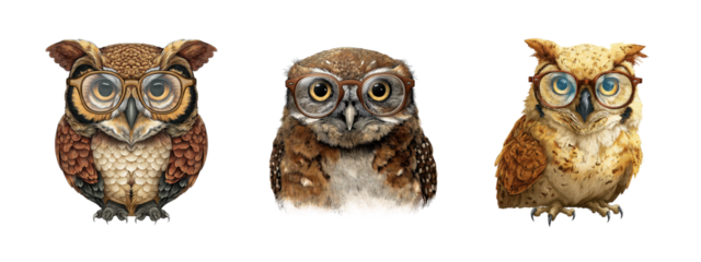 Smart owls wearing glasses in a whimsical and artistic arrangement ideal for educational themes or nature lovers