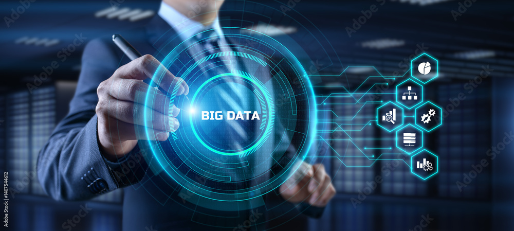 Poster big data analysis analytics internet technology concept. businessman pressing button on screen.