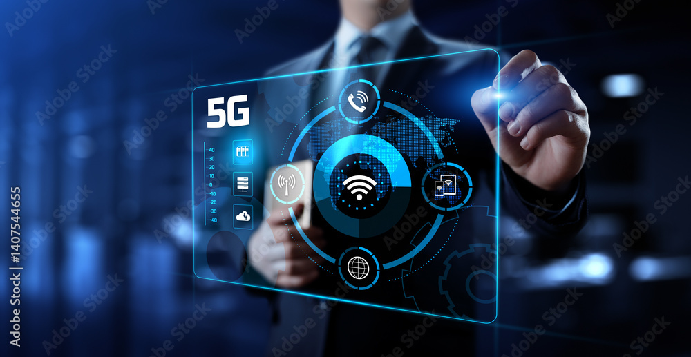Poster 5g high-speed internet connection concept. businessman pressing button on screen.
