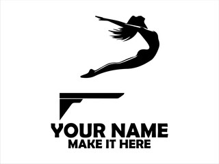 Female diver in mid-air leaps dynamically from a diving board in a stark black silhouette against a light background. Water sport concept and logo vector design