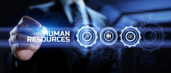 HR Human resources management Recruitment Headhunting. Businessman pressing button on screen.