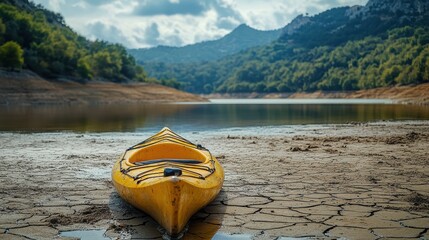 Yellow kayak on dry lakebed with scenic mountain view under cloudy sky
