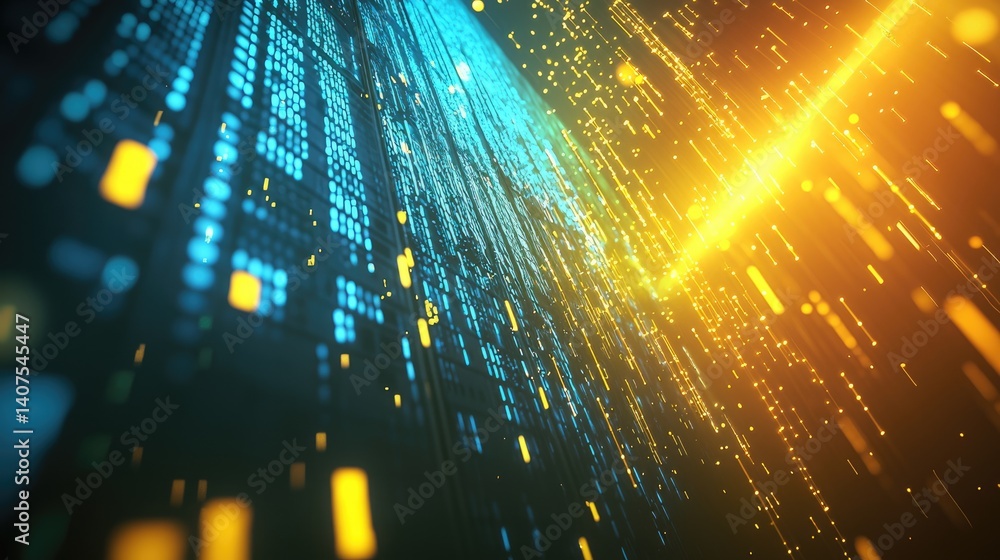 Poster Abstract digital background with flowing data streams in blue and gold. Ideal for AI, big data, blockchain, innovation, and futuristic tech visuals
