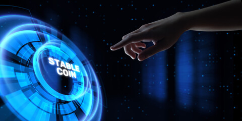 Stablecoin cryptocurrency and digital finance concept. Hands pressing button virtual screen.