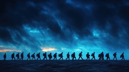 Silhouetted group walking under dramatic evening sky with stormy clouds