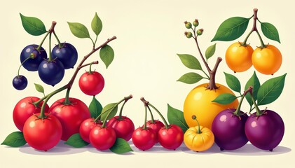 Vibrant vector illustration of assorted elderberries, gooseberries, tamarinds, and longans, illustration, vibrant, gooseberry