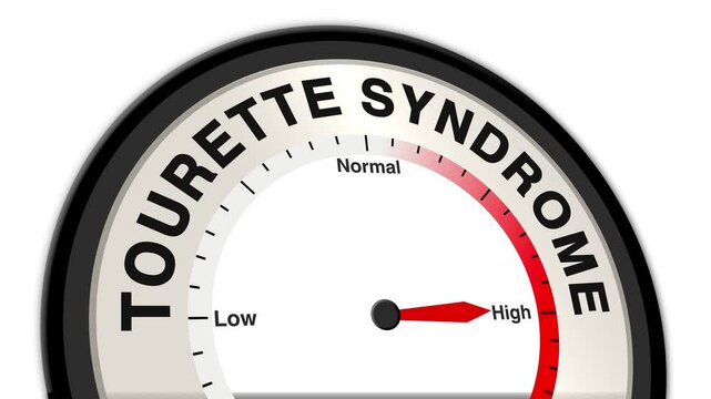 Tourette Syndrome text or word with a barometer or tachometer-style gauge, illustrating varying levels of tics and severity in symptoms