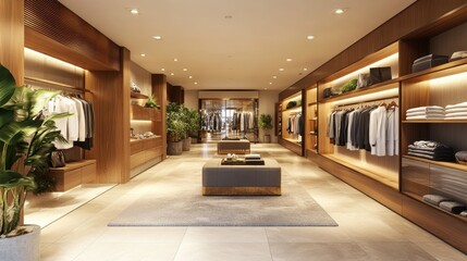 Elegant modern clothing store interior with wooden shelves and soft lighting