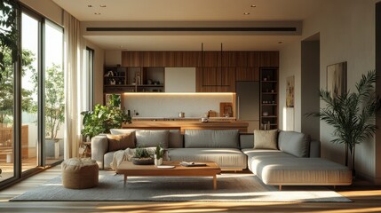 Modern living room with open kitchen and natural light, cozy interior decor