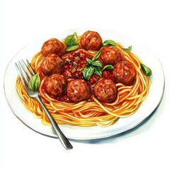 Spaghetti with Meatballs and Tomato Sauce, Food Illustration