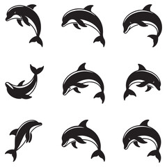 Obraz premium Dolphin fish animal Vector Black silhouettes. Good use for symbol, logo, mascot, web icon, sticker design, sign, or any design you want. Easy to use. with white background